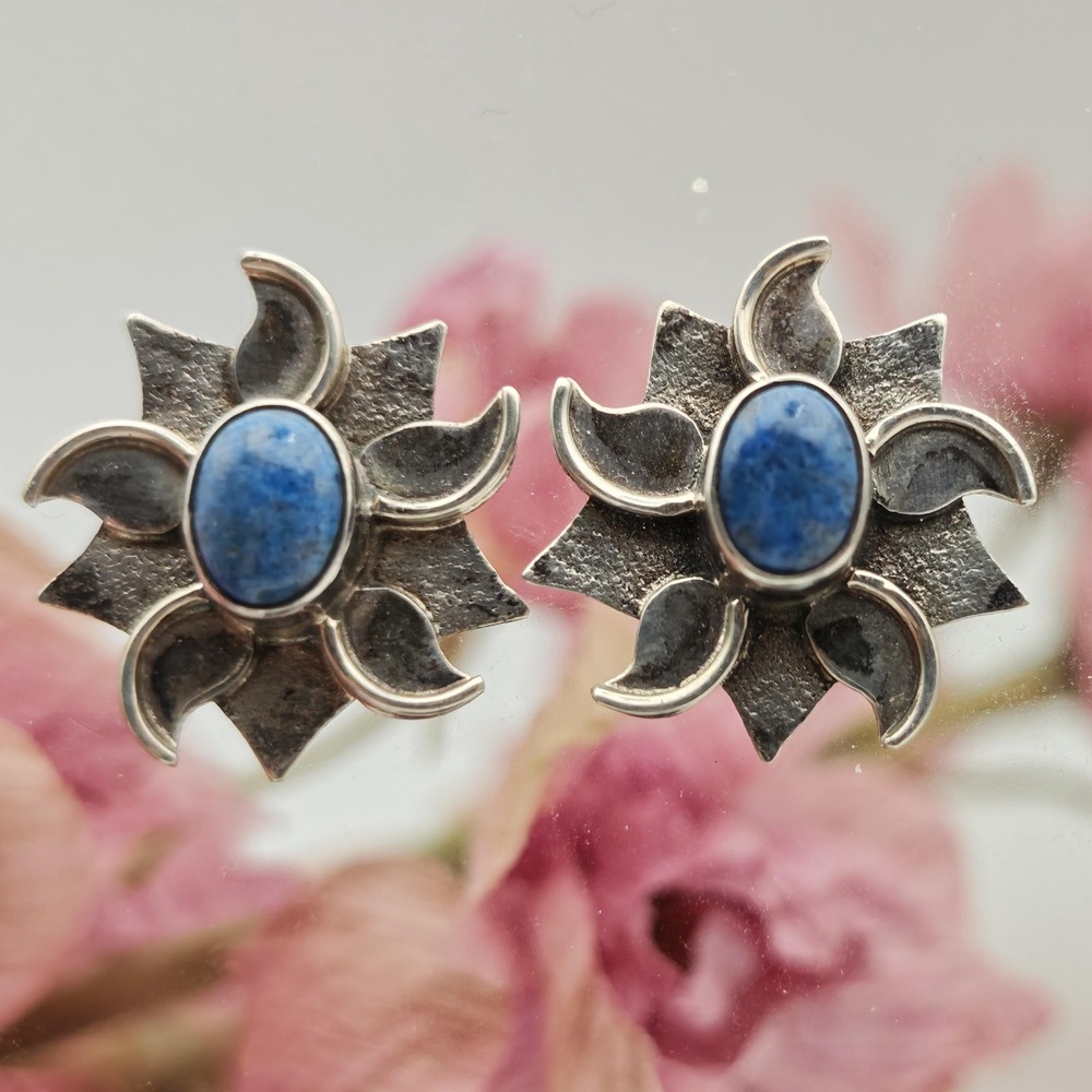 Handmade Lapis Sterling Silver Sun Earrings Women OS Blue Art Nouveau Artisan